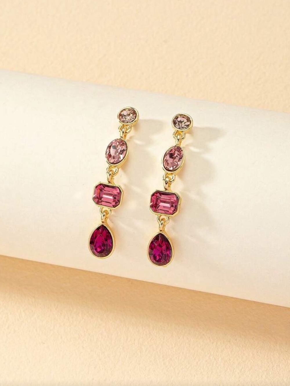 Gold-Tone Pink Crystal Drop Earrings